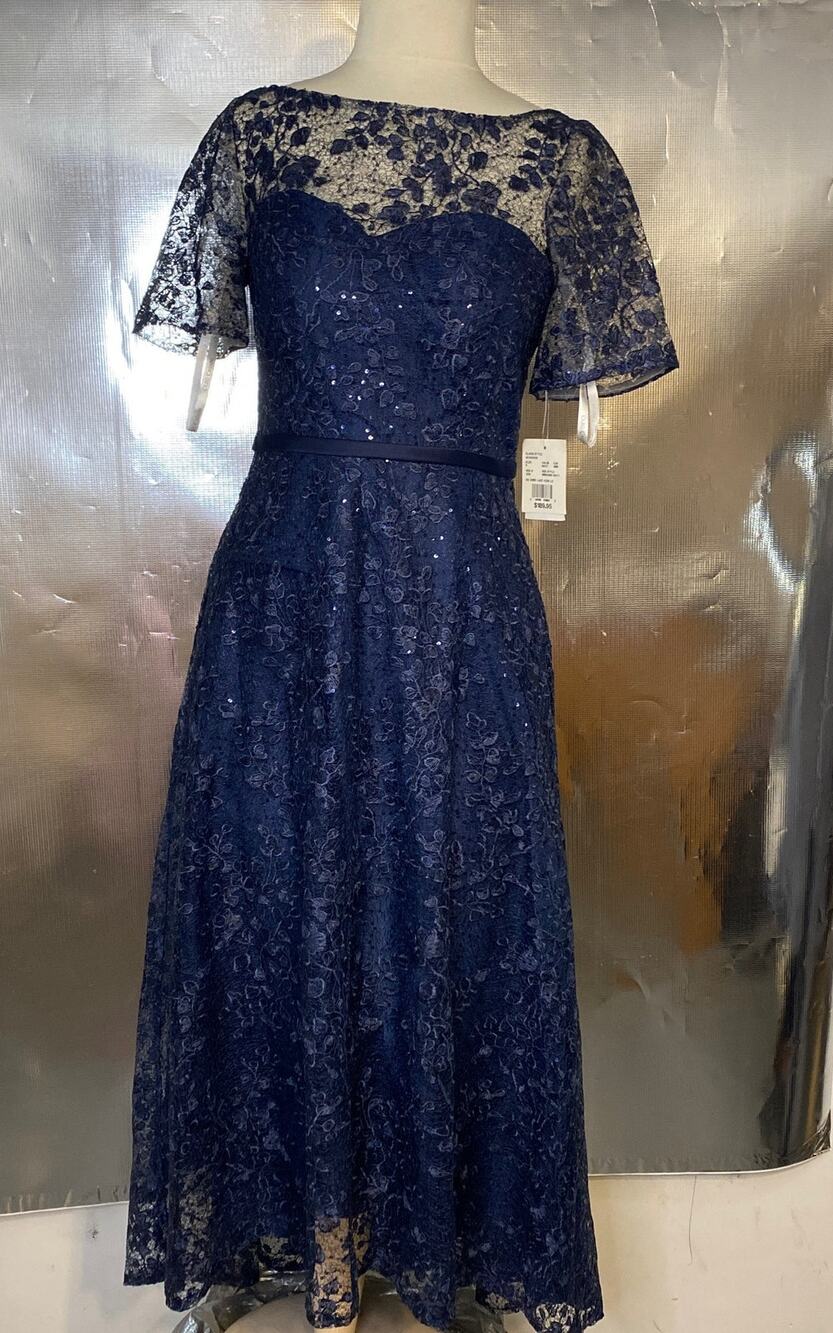 David's Bridal Lace High-Low Navy Embroidered Short Sleeve 6